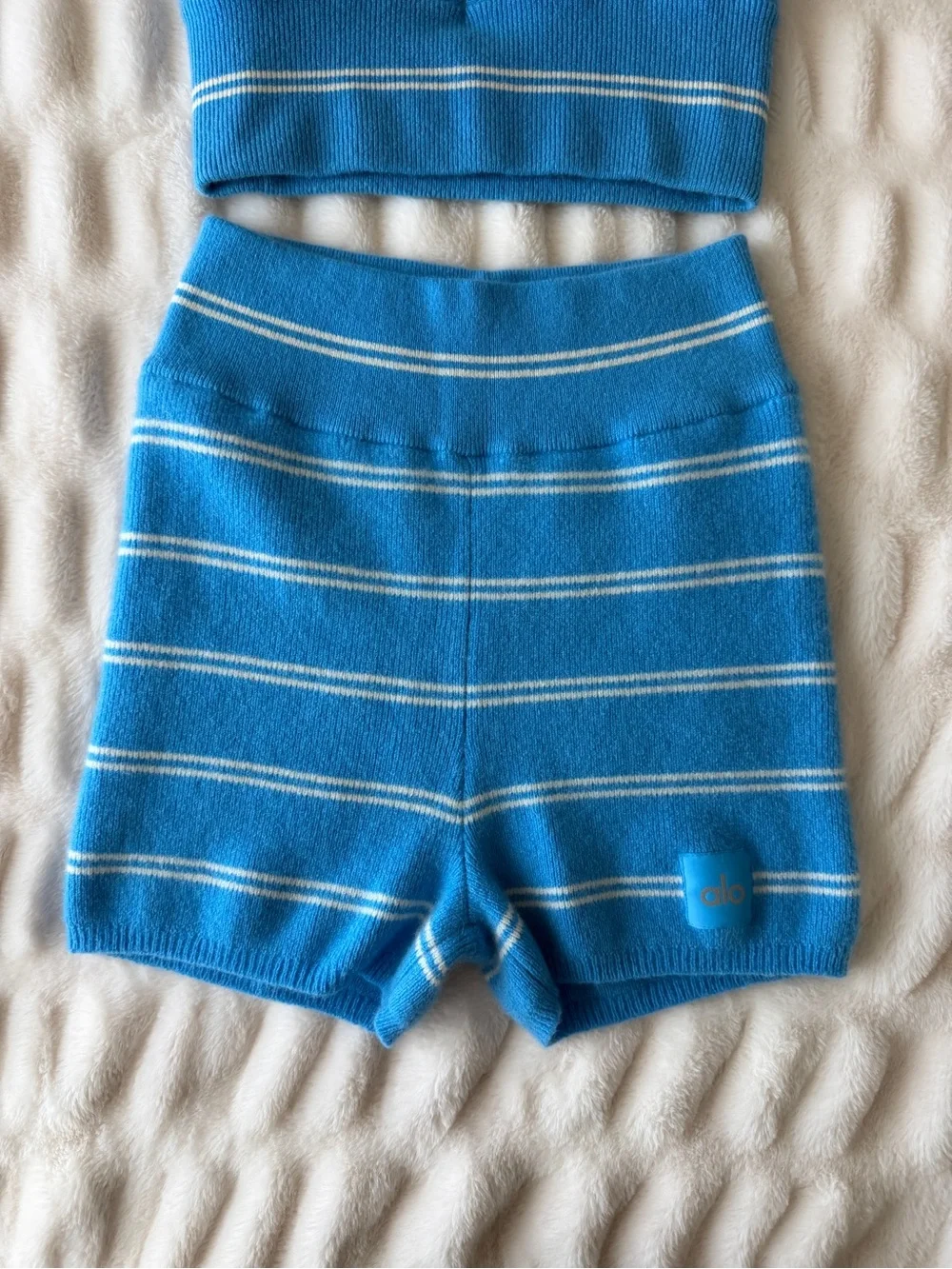 Alo Yoga Cashmere Mini Stripe Halter Top & Shorts Set in Azure Blue/White